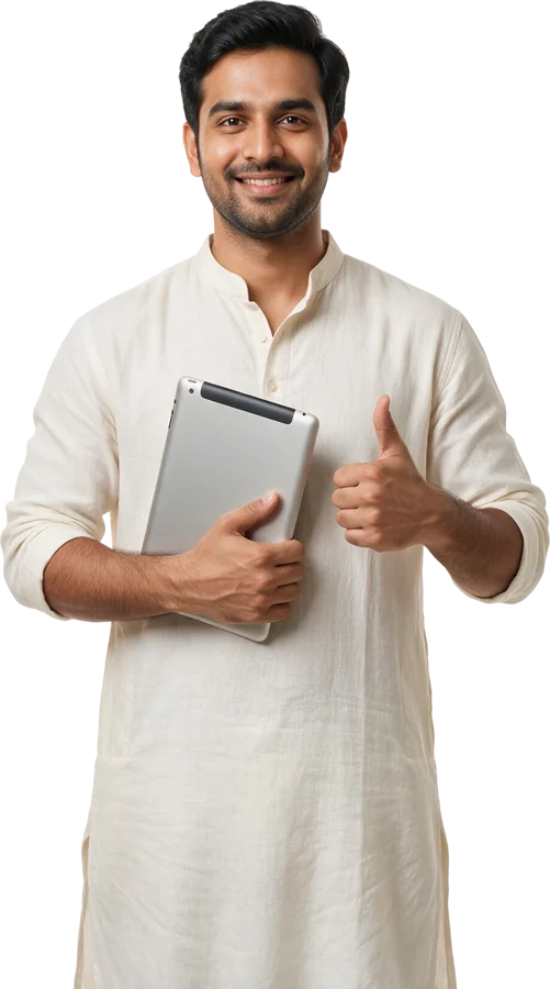 Founder holding a tablet and giving a thumbs up